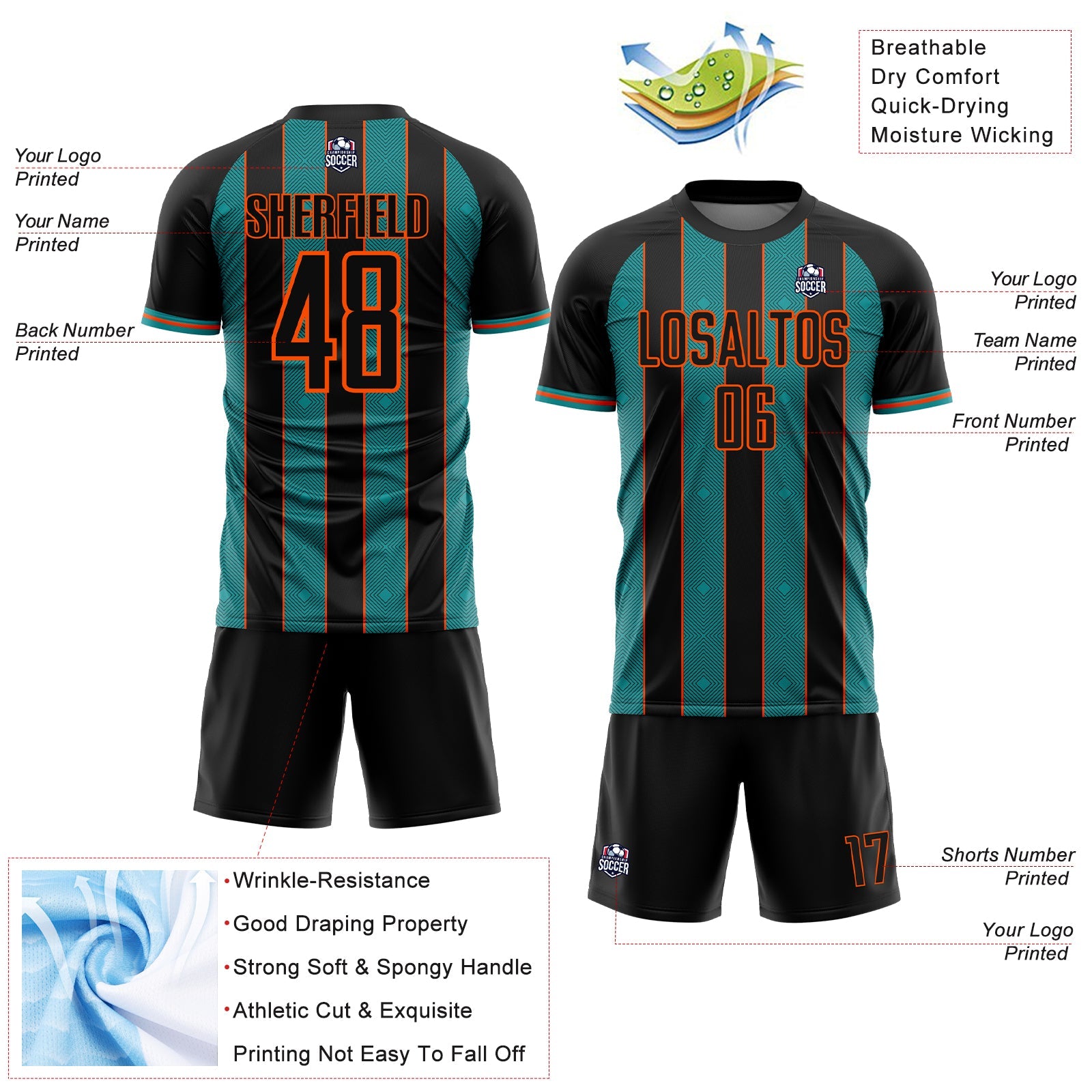 Custom Black Teal-Orange Pinstripe Line Sports Sublimation Soccer Uniform Jersey