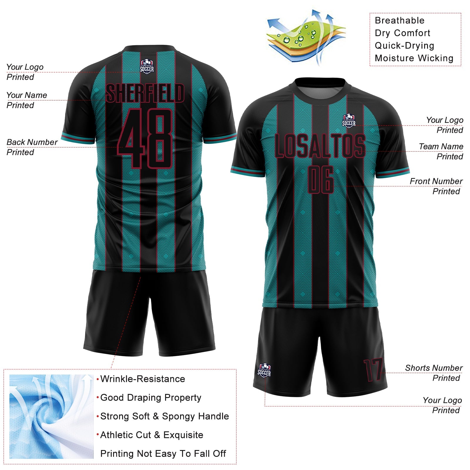 Custom Black Teal-Crimson Pinstripe Line Sports Sublimation Soccer Uniform Jersey