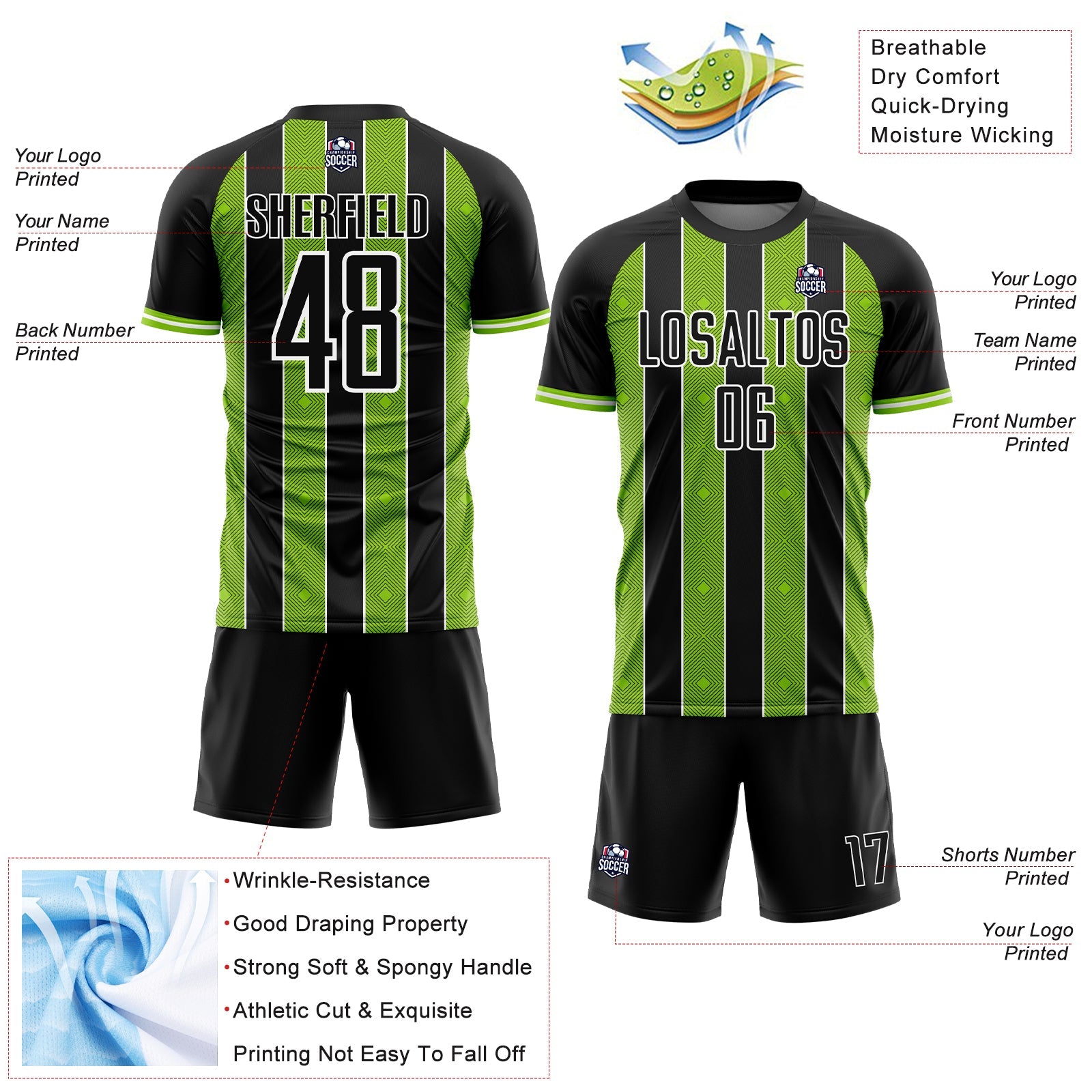 Custom Black Neon Green-White Pinstripe Line Sports Sublimation Soccer Uniform Jersey