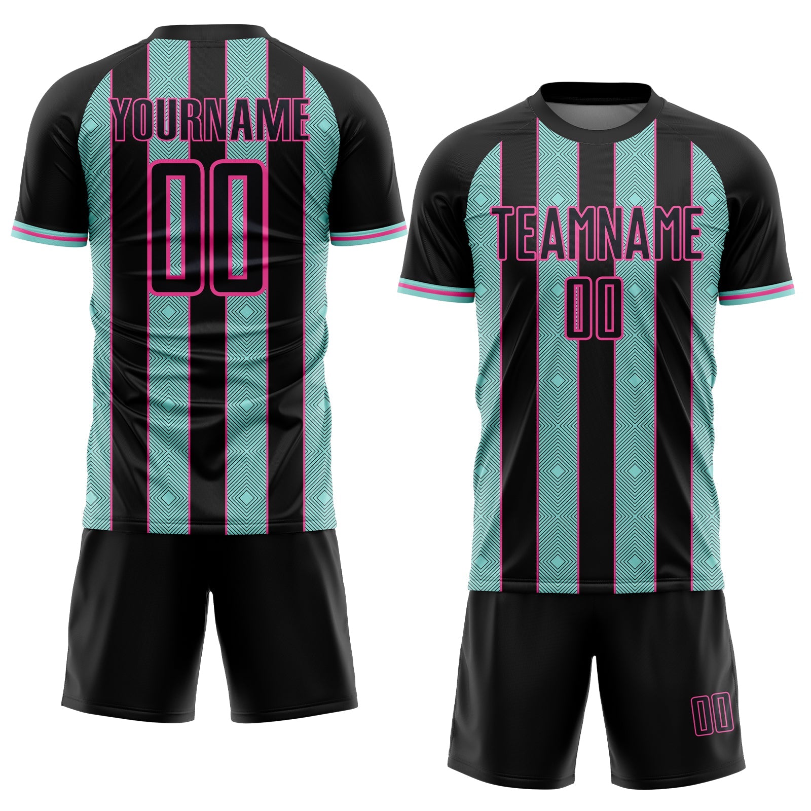 Custom Black Ice Blue-Pink Pinstripe Line Sports Sublimation Soccer Uniform Jersey