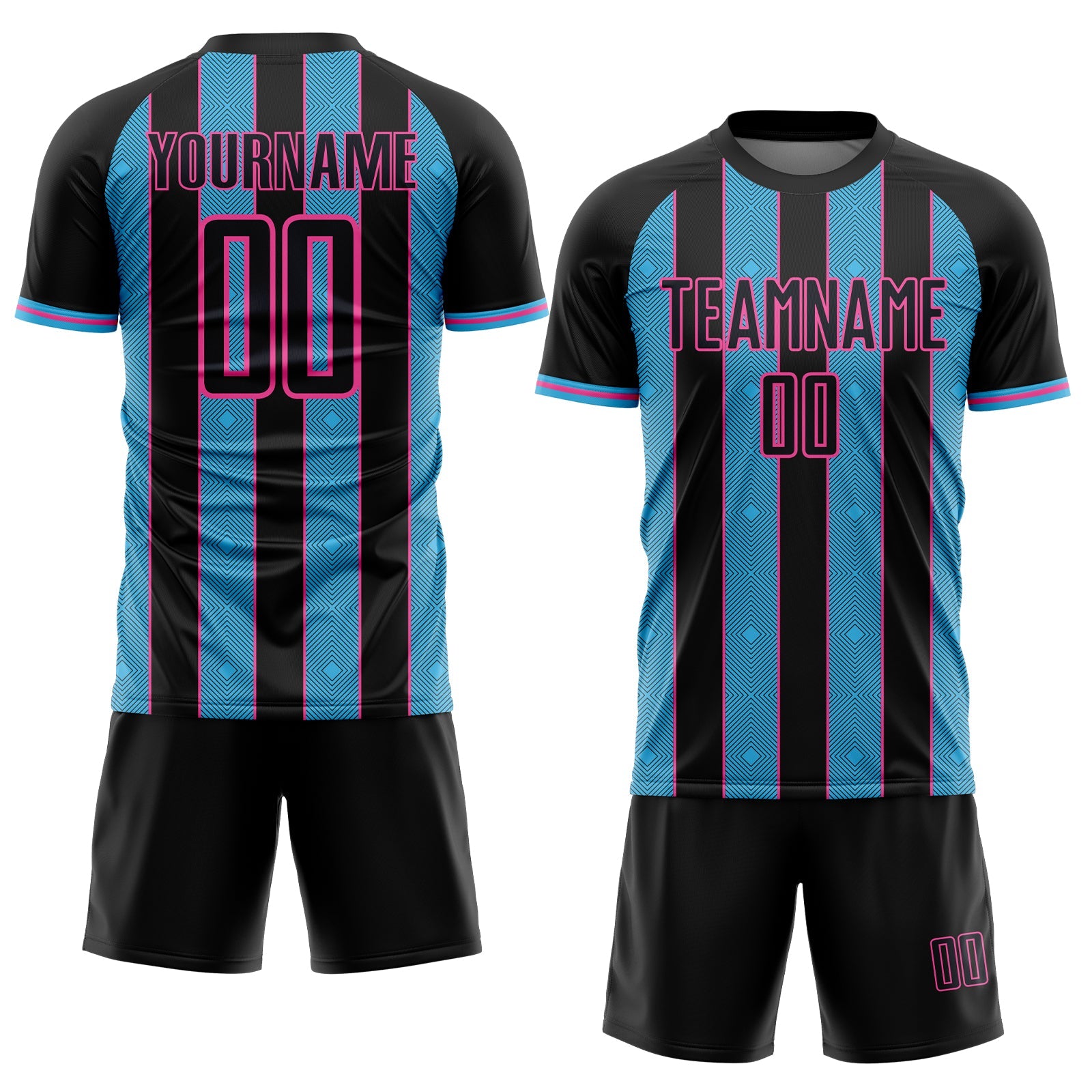 Custom Black Sky Blue-Pink Pinstripe Line Sports Sublimation Soccer Uniform Jersey