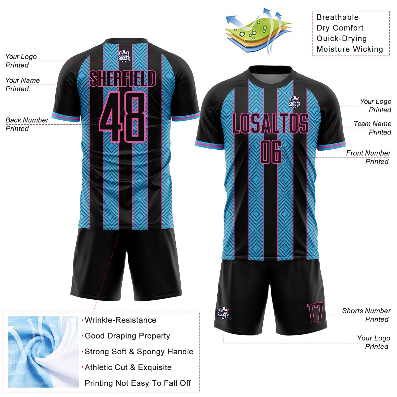 Custom Black Sky Blue-Pink Pinstripe Line Sports Sublimation Soccer Uniform Jersey