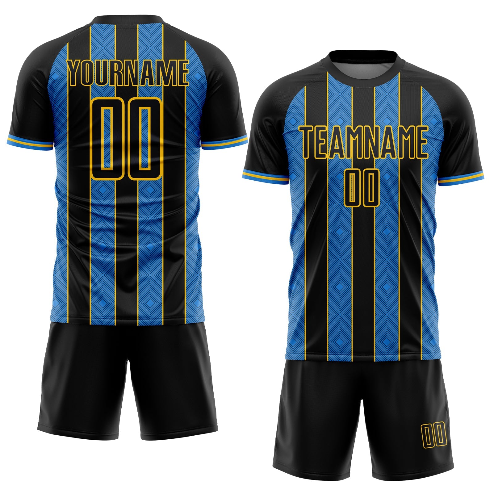 Custom Black Powder Blue-Yellow Pinstripe Line Sports Sublimation Soccer Uniform Jersey