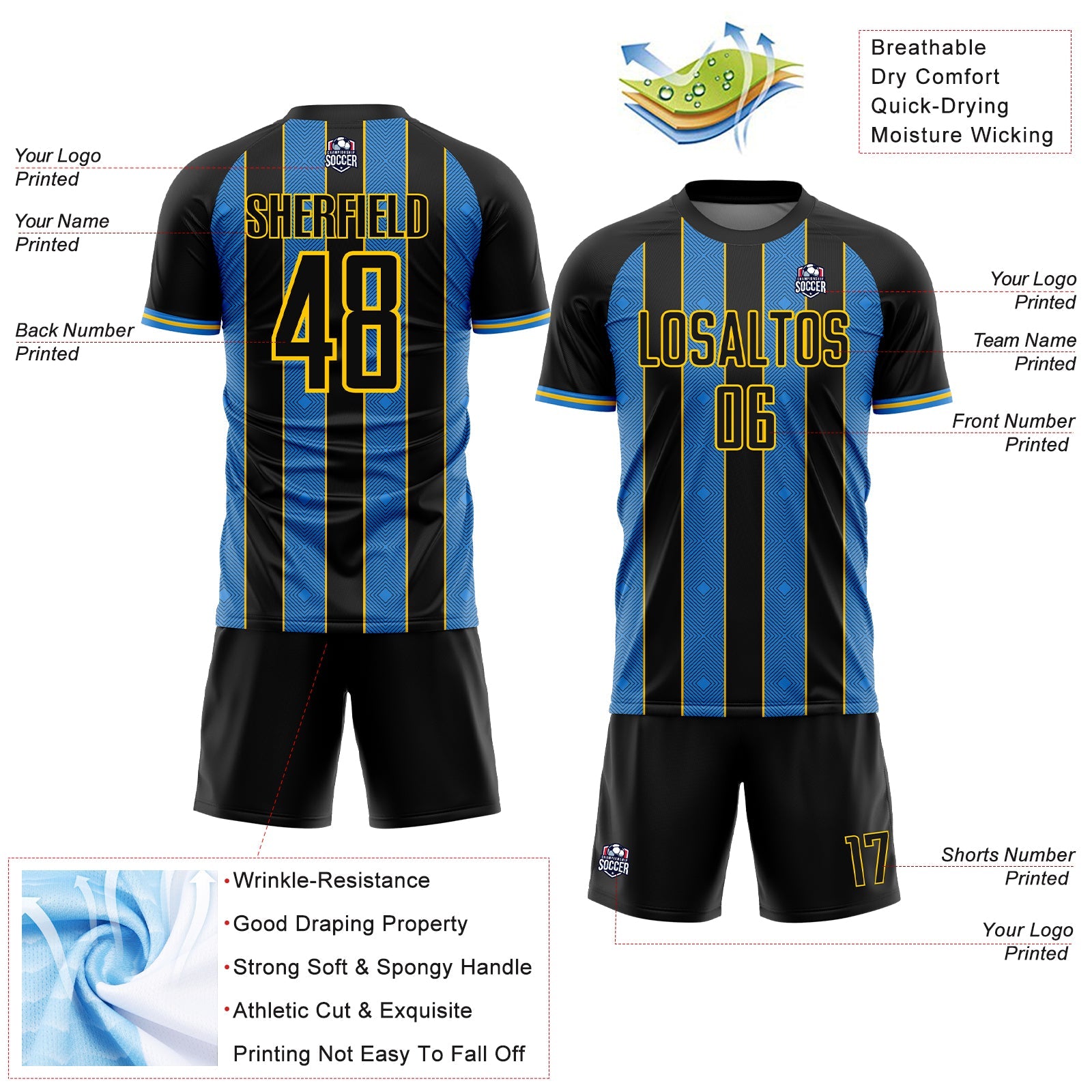 Custom Black Powder Blue-Yellow Pinstripe Line Sports Sublimation Soccer Uniform Jersey