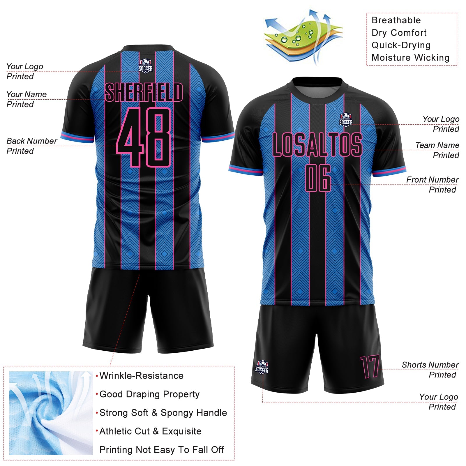 Custom Black Powder Blue-Pink Pinstripe Line Sports Sublimation Soccer Uniform Jersey