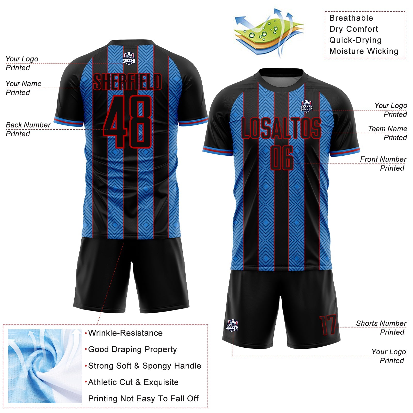Custom Black Powder Blue-Red Pinstripe Line Sports Sublimation Soccer Uniform Jersey