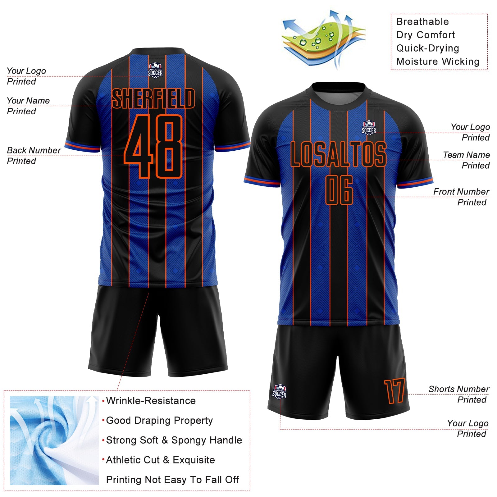 Custom Black Thunder Blue-Orange Pinstripe Line Sports Sublimation Soccer Uniform Jersey
