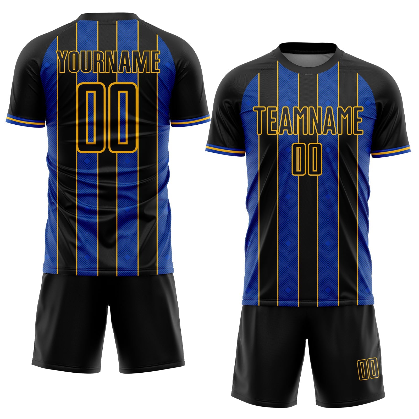 Custom Black Thunder Blue-Gold Pinstripe Line Sports Sublimation Soccer Uniform Jersey
