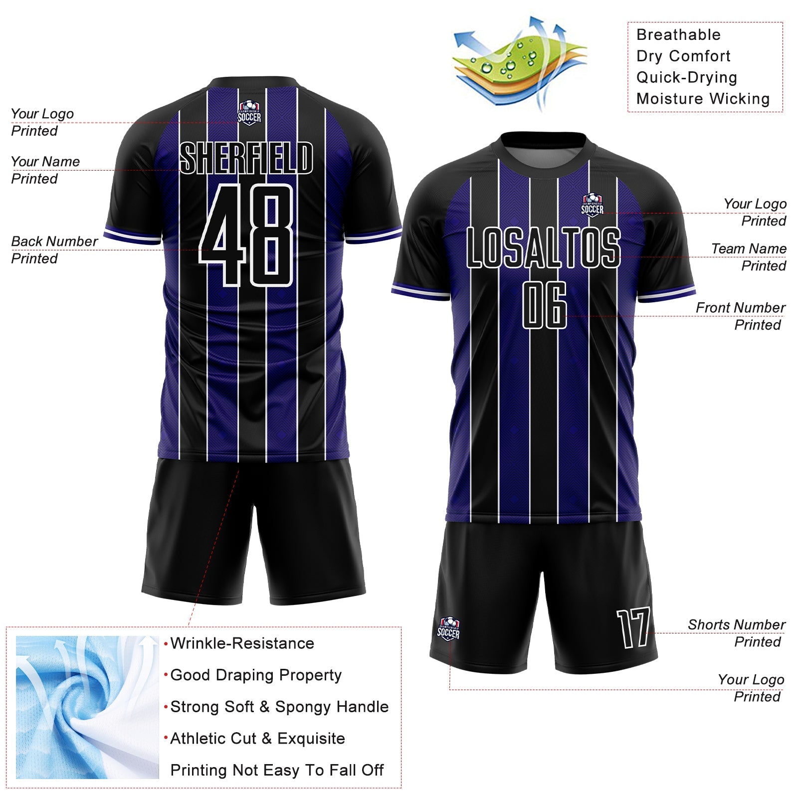 Custom Black Dark Purple-White Pinstripe Line Sports Sublimation Soccer Uniform Jersey