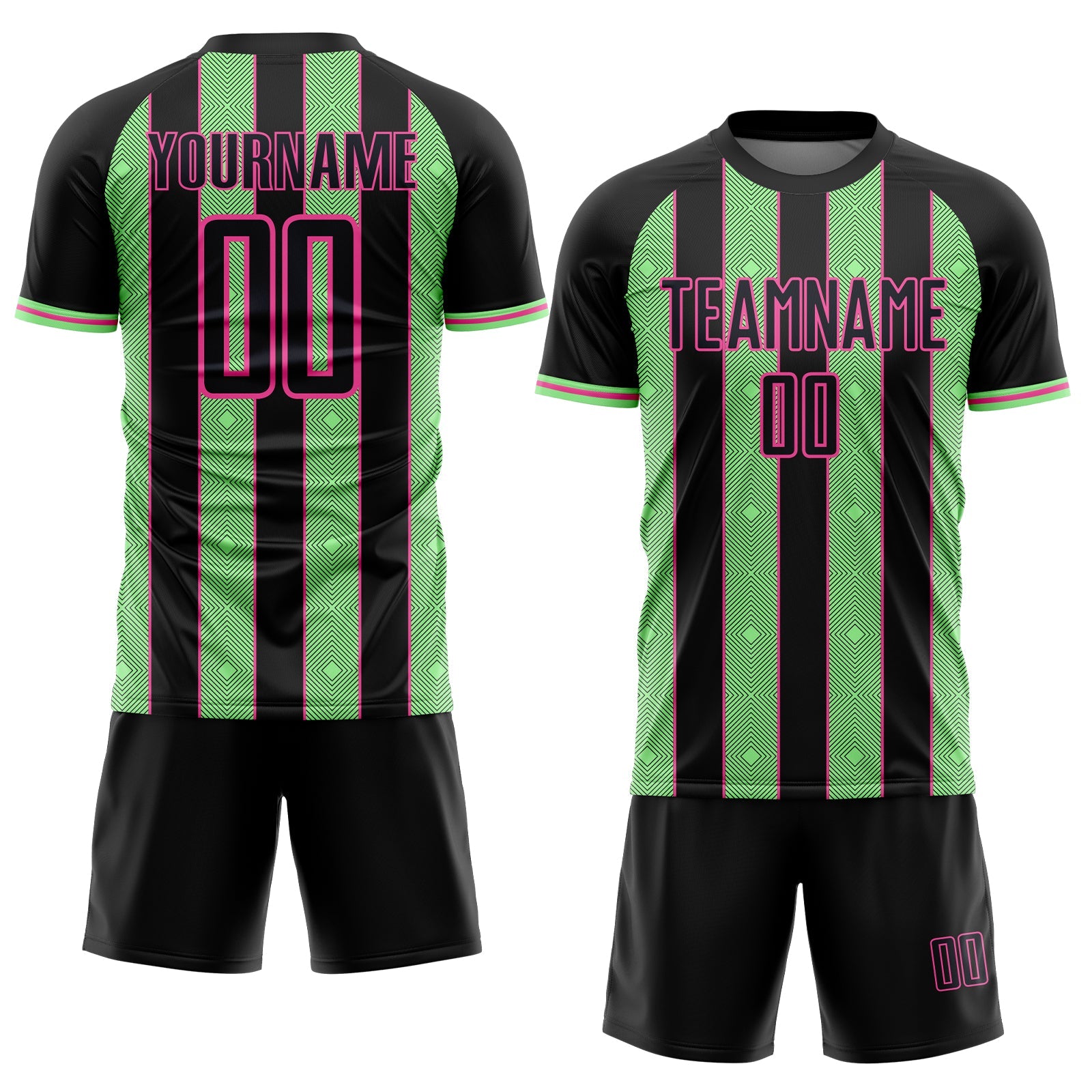 Custom Black Pea Green-Pink Pinstripe Line Sports Sublimation Soccer Uniform Jersey