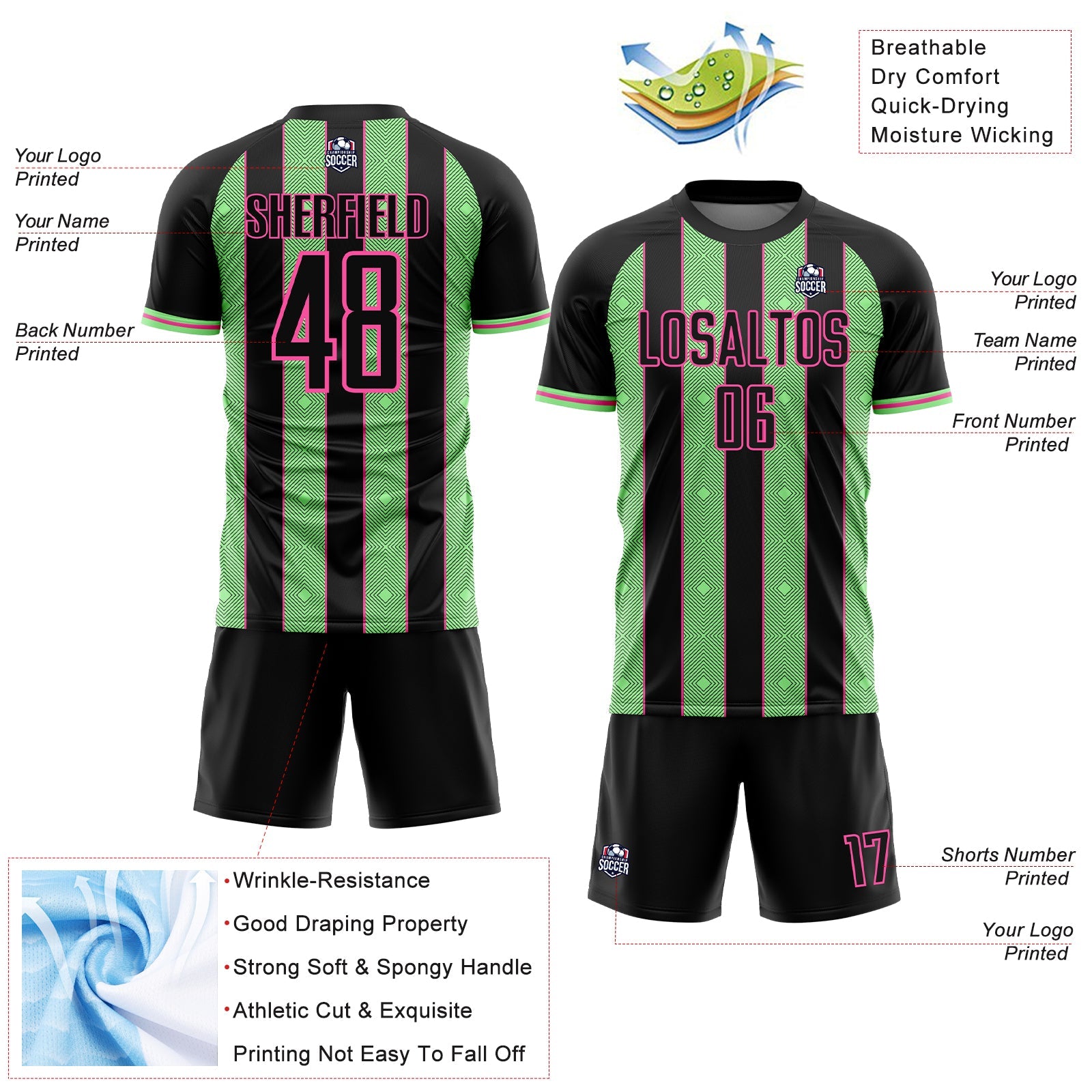 Custom Black Pea Green-Pink Pinstripe Line Sports Sublimation Soccer Uniform Jersey
