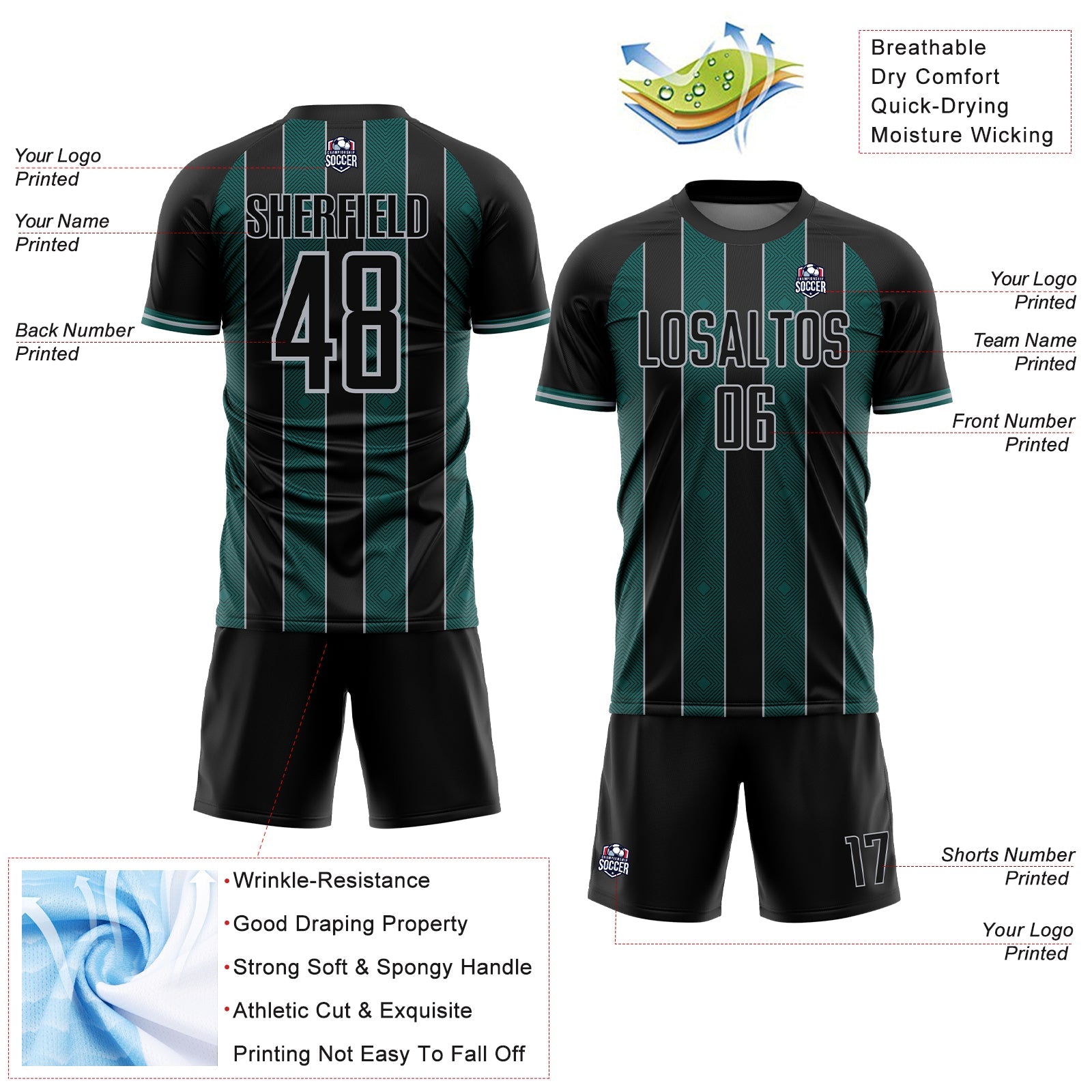 Custom Black Midnight Green-Gray Pinstripe Line Sports Sublimation Soccer Uniform Jersey