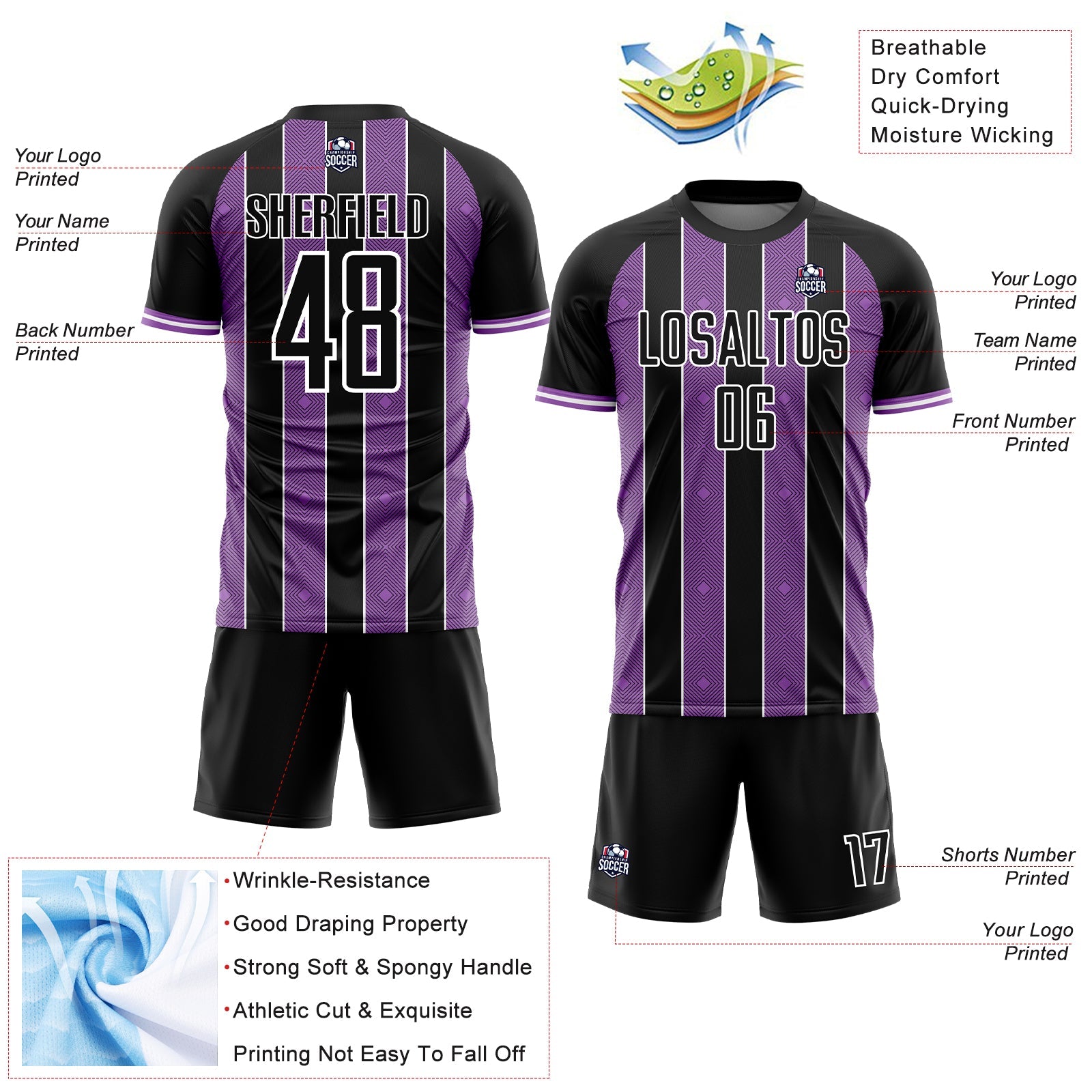 Custom Black Medium Purple-White Pinstripe Line Sports Sublimation Soccer Uniform Jersey