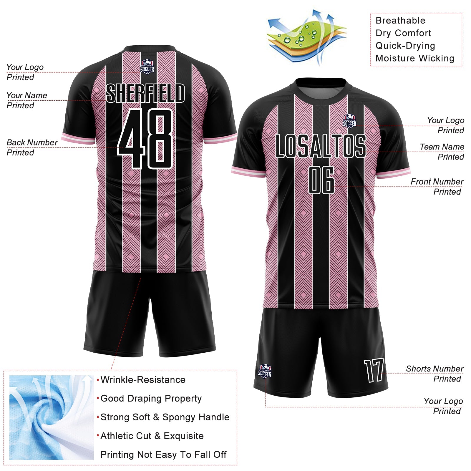 Custom Black Light Pink-White Pinstripe Line Sports Sublimation Soccer Uniform Jersey