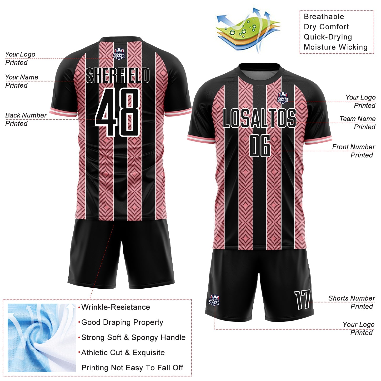 Custom Black Medium Pink-White Pinstripe Line Sports Sublimation Soccer Uniform Jersey