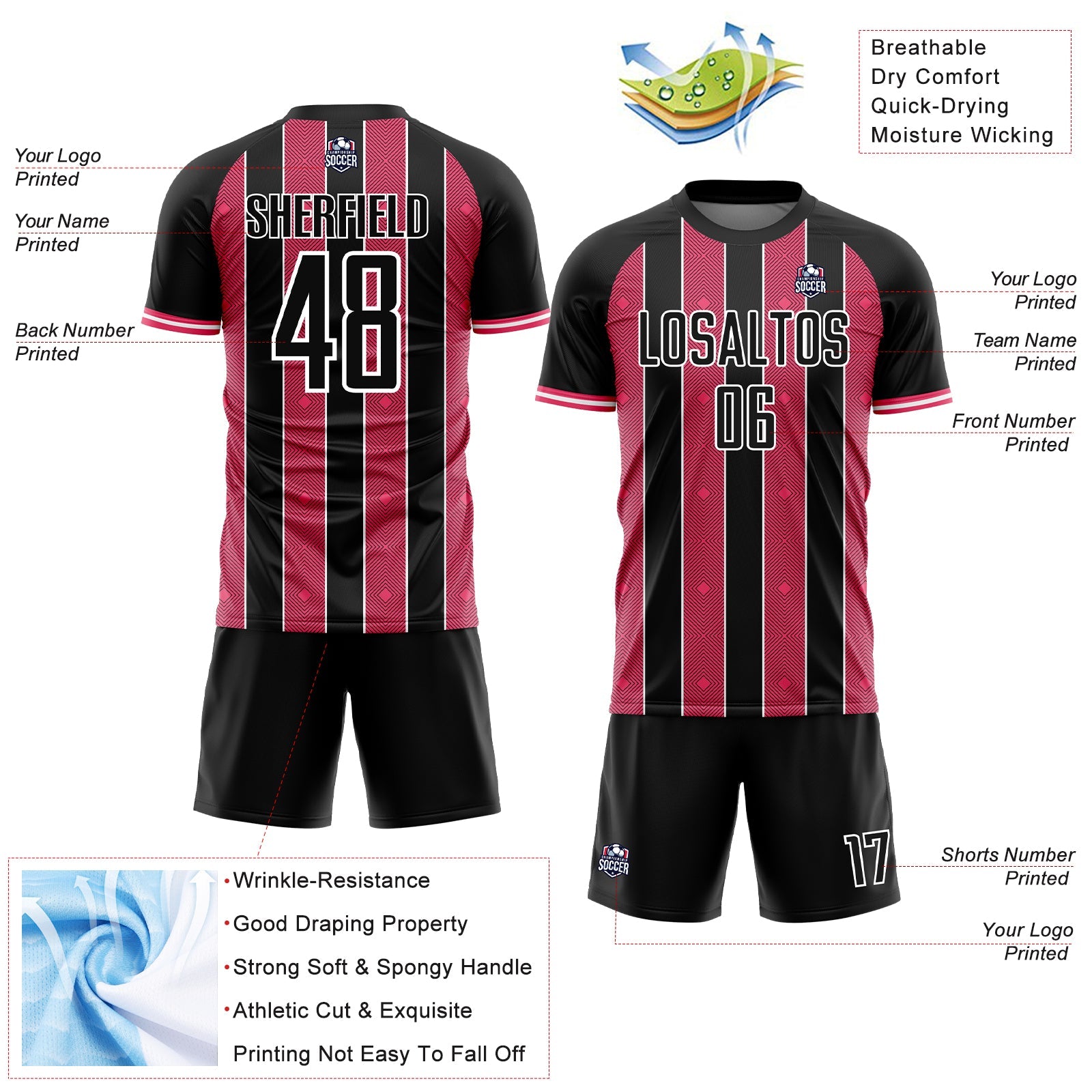 Custom Black Neon Pink-White Pinstripe Line Sports Sublimation Soccer Uniform Jersey