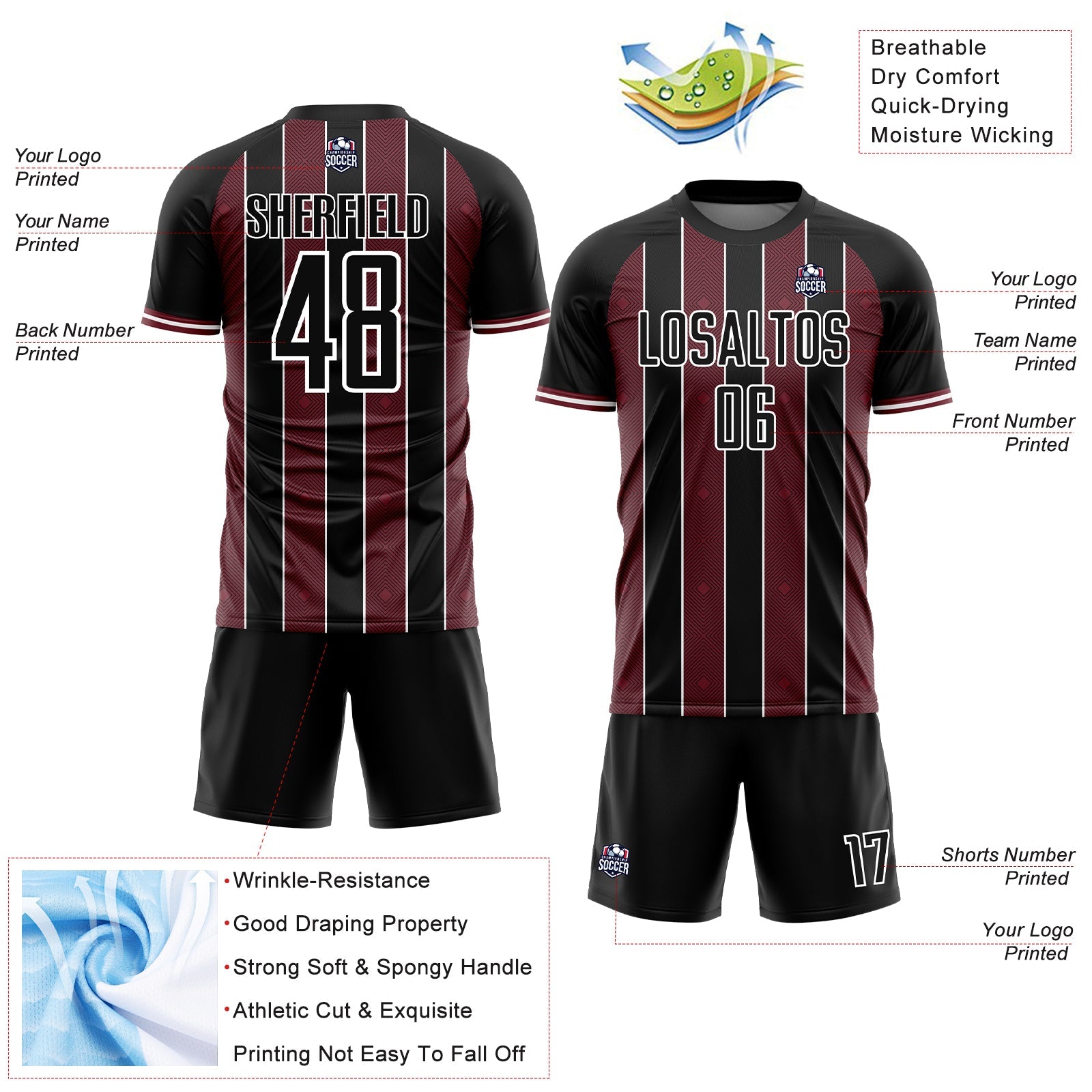 Custom Black Burgundy-White Pinstripe Line Sports Sublimation Soccer Uniform Jersey