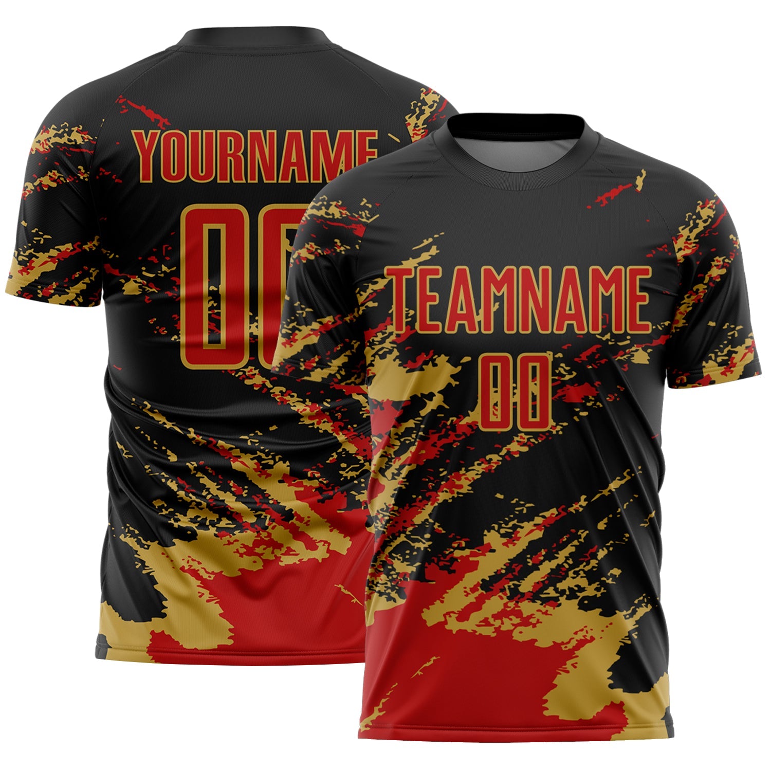 Custom Black Red-Old Gold Abstract Fragment Art Splash Sports Sublimation Soccer Uniform Jersey