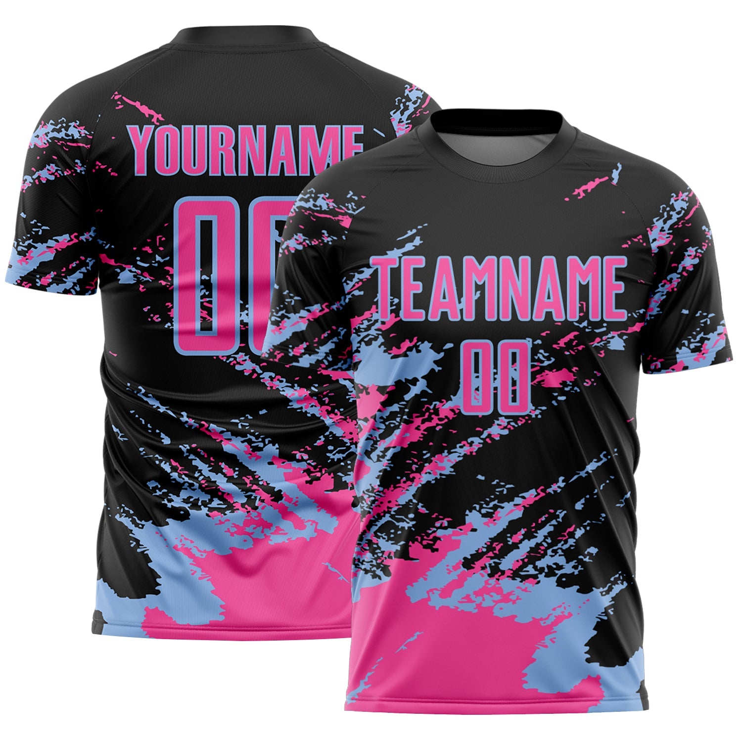 Custom Black Pink-Light Blue Abstract Fragment Art Splash Sports Sublimation Soccer Uniform Jersey