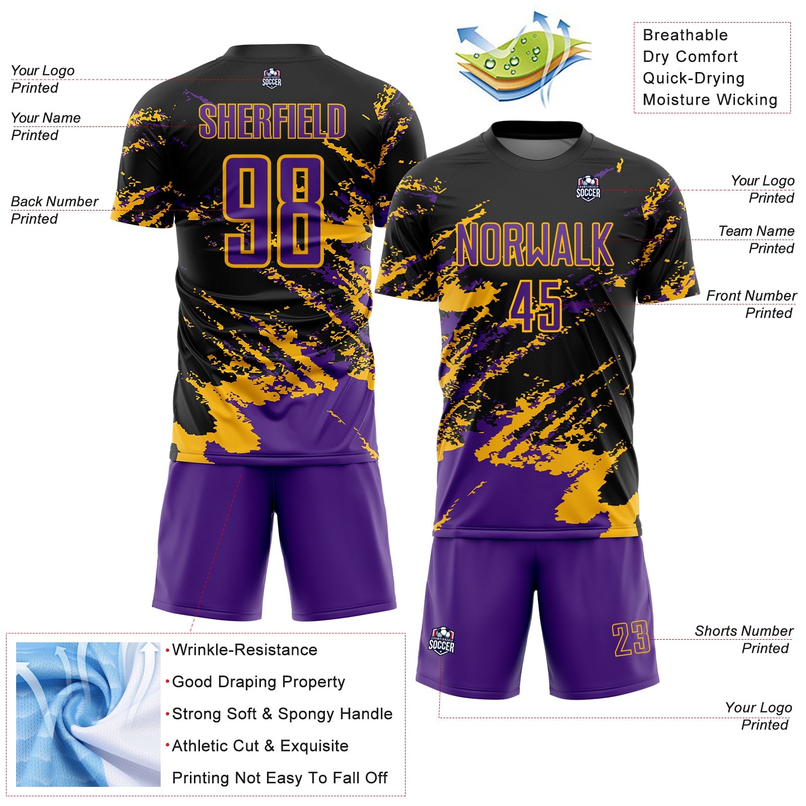 Custom Black Purple-Gold Abstract Fragment Art Splash Sports Sublimation Soccer Uniform Jersey