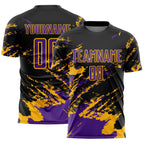 Custom Black Purple-Gold Abstract Fragment Art Splash Sports Sublimation Soccer Uniform Jersey