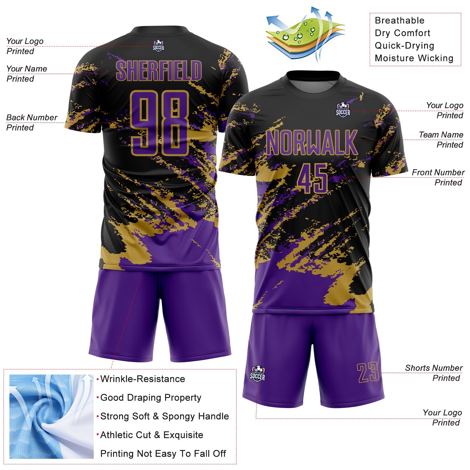 Custom Black Purple-Old Gold Abstract Fragment Art Splash Sports Sublimation Soccer Uniform Jersey