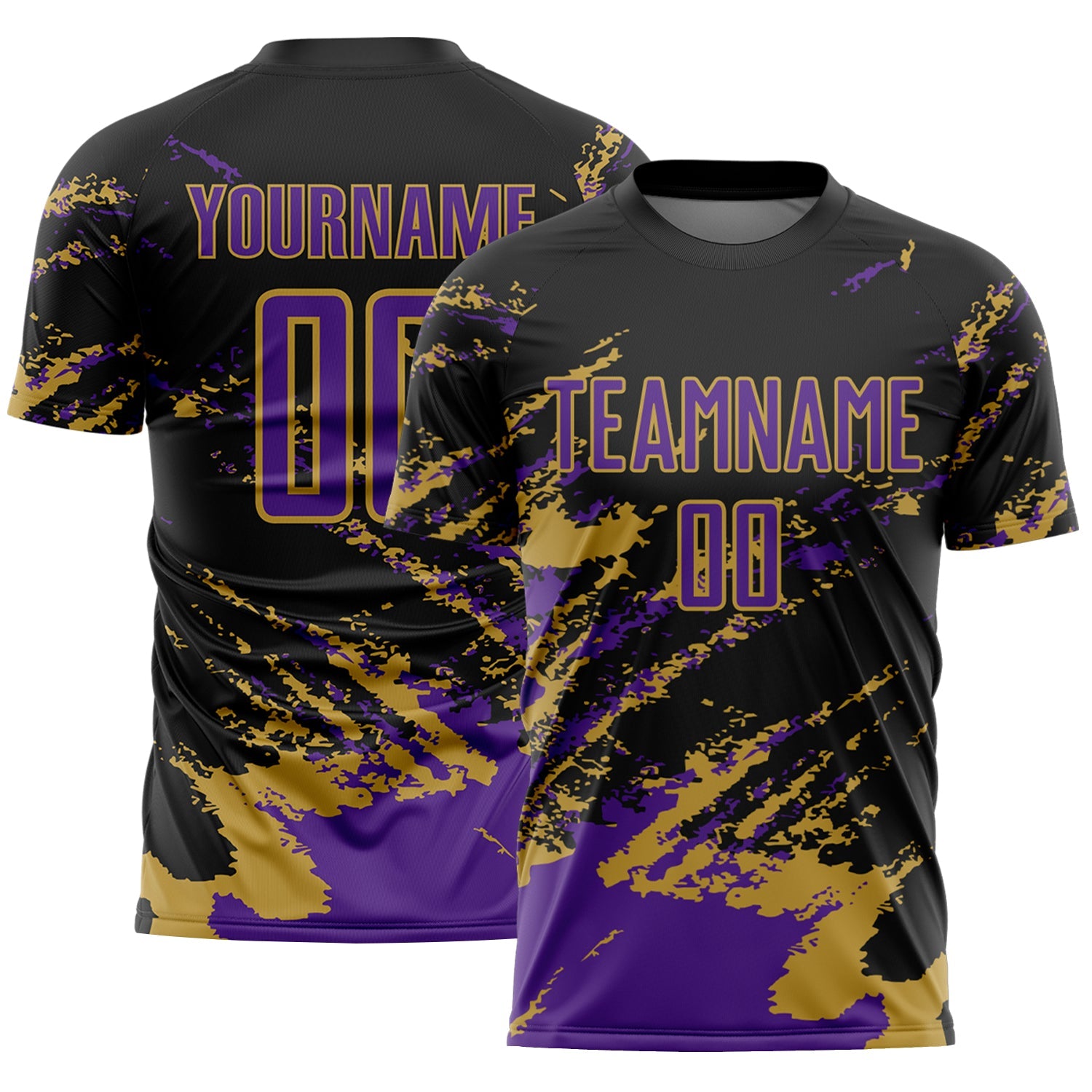 Custom Black Purple-Old Gold Abstract Fragment Art Splash Sports Sublimation Soccer Uniform Jersey