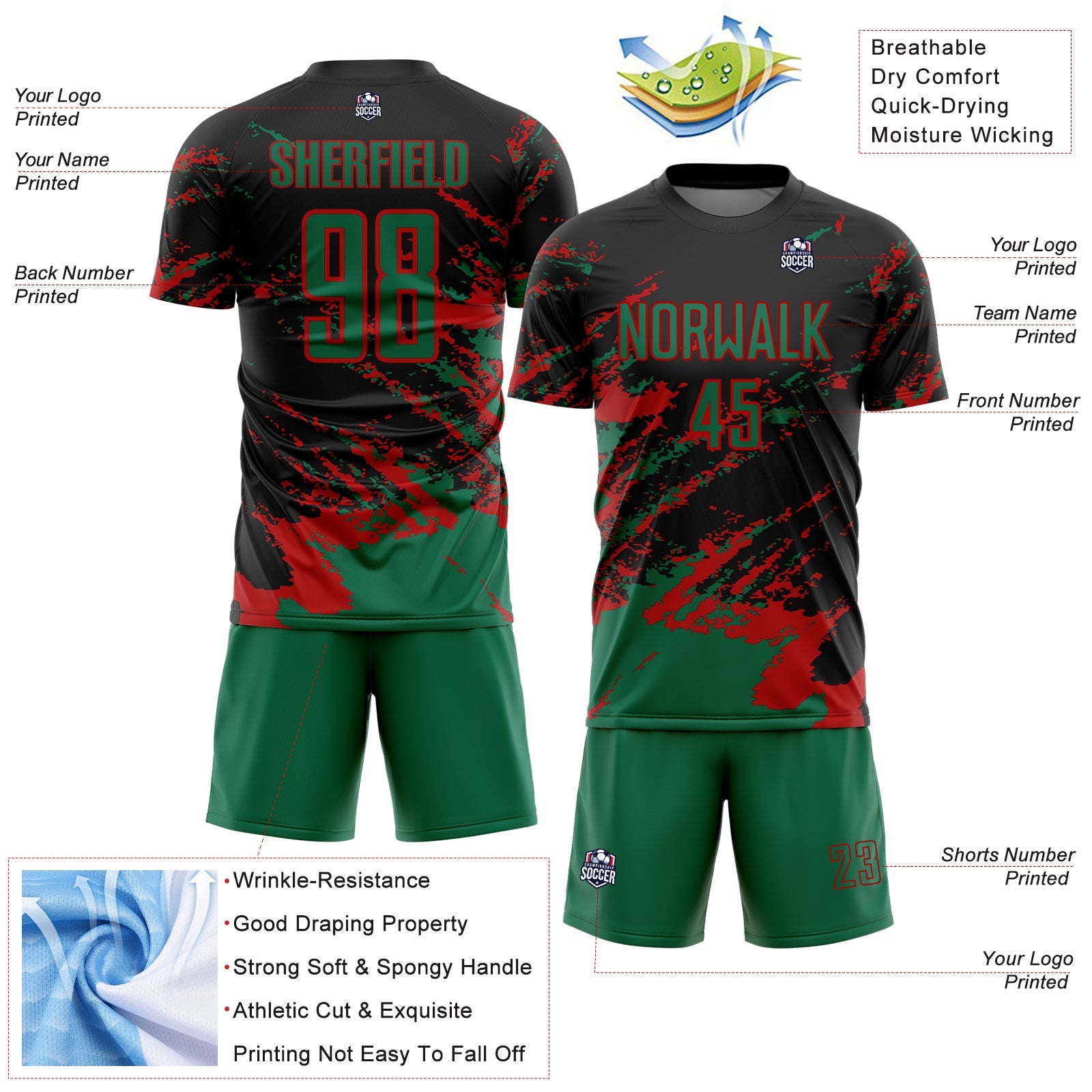 Custom Black Kelly Green-Red Abstract Fragment Art Splash Sports Sublimation Soccer Uniform Jersey