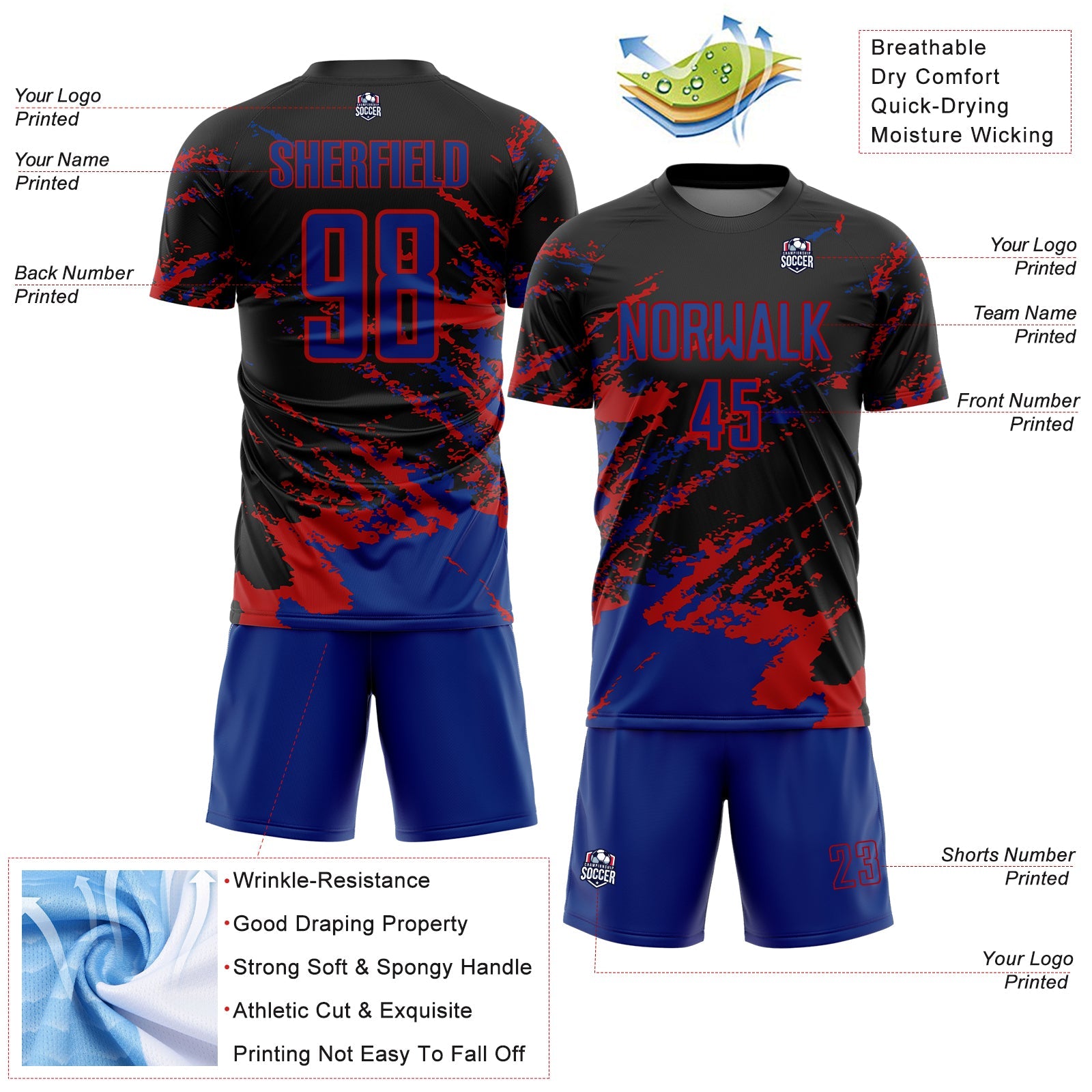 Custom Black Royal-Red Abstract Fragment Art Splash Sports Sublimation Soccer Uniform Jersey