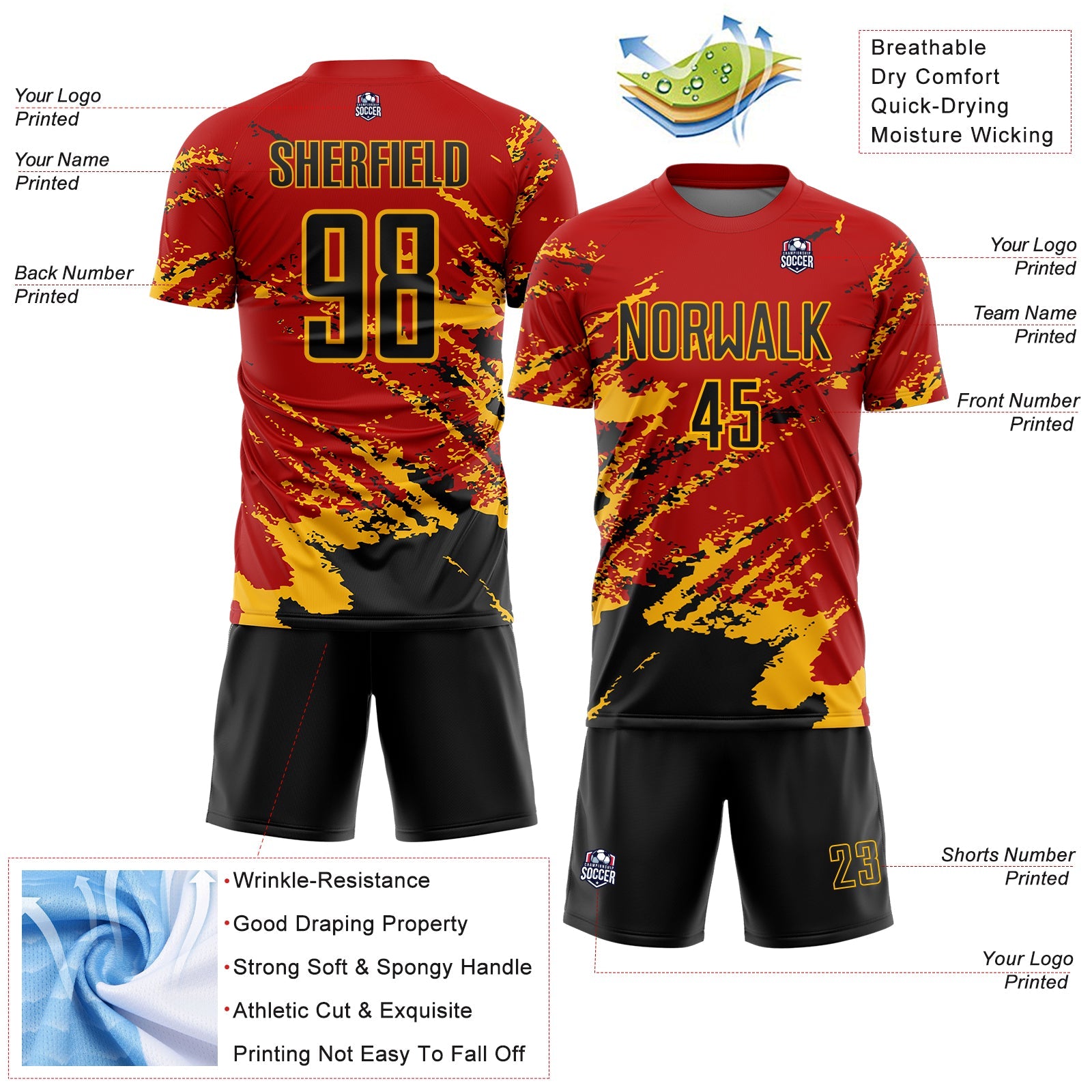 Custom Red Black-Gold Abstract Fragment Art Splash Sports Sublimation Soccer Uniform Jersey