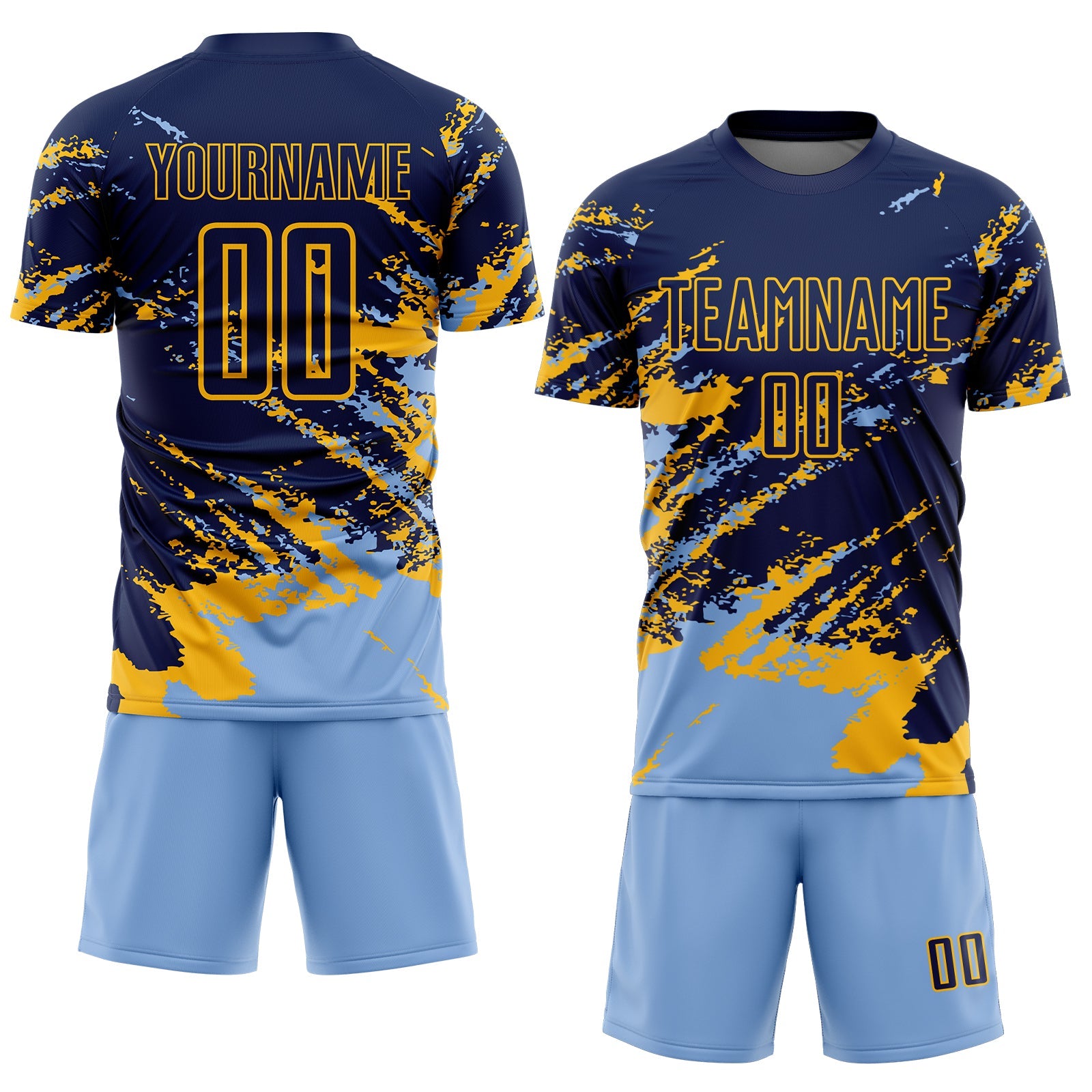 Custom Navy Light Blue-Gold Abstract Fragment Art Splash Sports Sublimation Soccer Uniform Jersey