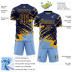 Custom Navy Light Blue-Gold Abstract Fragment Art Splash Sports Sublimation Soccer Uniform Jersey