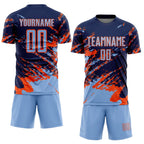 Custom Navy Light Blue-Orange Abstract Fragment Art Splash Sports Sublimation Soccer Uniform Jersey