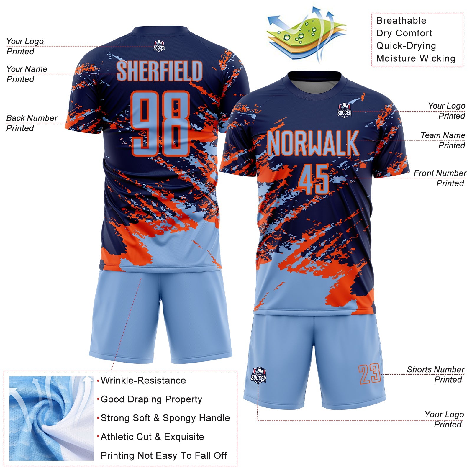 Custom Navy Light Blue-Orange Abstract Fragment Art Splash Sports Sublimation Soccer Uniform Jersey