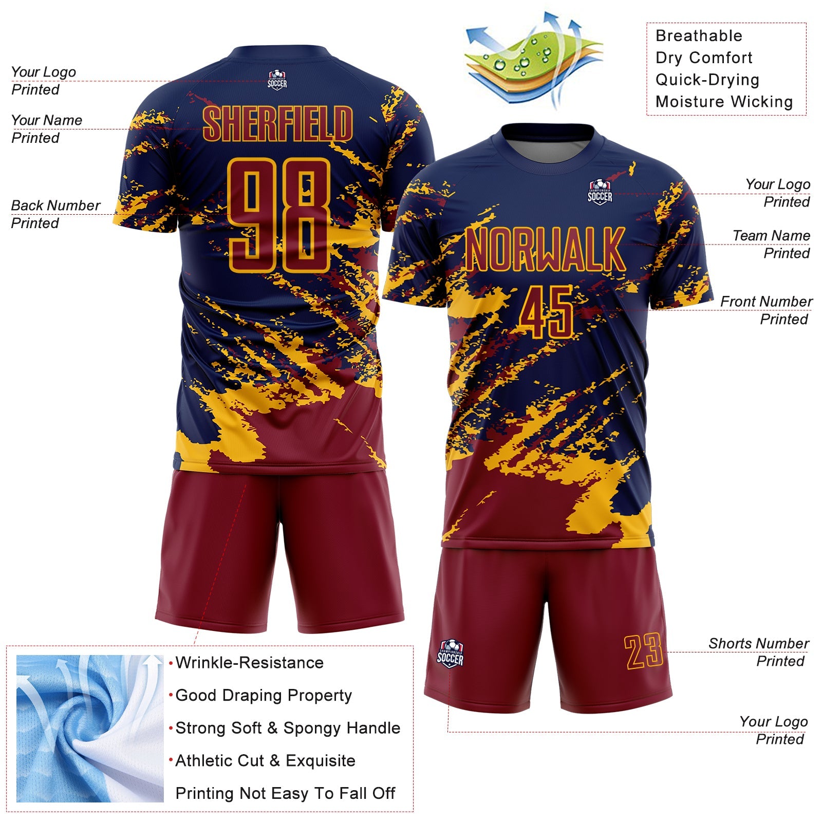 Custom Navy Crimson-Gold Abstract Fragment Art Splash Sports Sublimation Soccer Uniform Jersey
