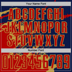 Custom Navy Red-Old Gold Abstract Fragment Art Splash Sports Sublimation Soccer Uniform Jersey
