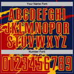 Custom Navy Red-Gold Abstract Fragment Art Splash Sports Sublimation Soccer Uniform Jersey