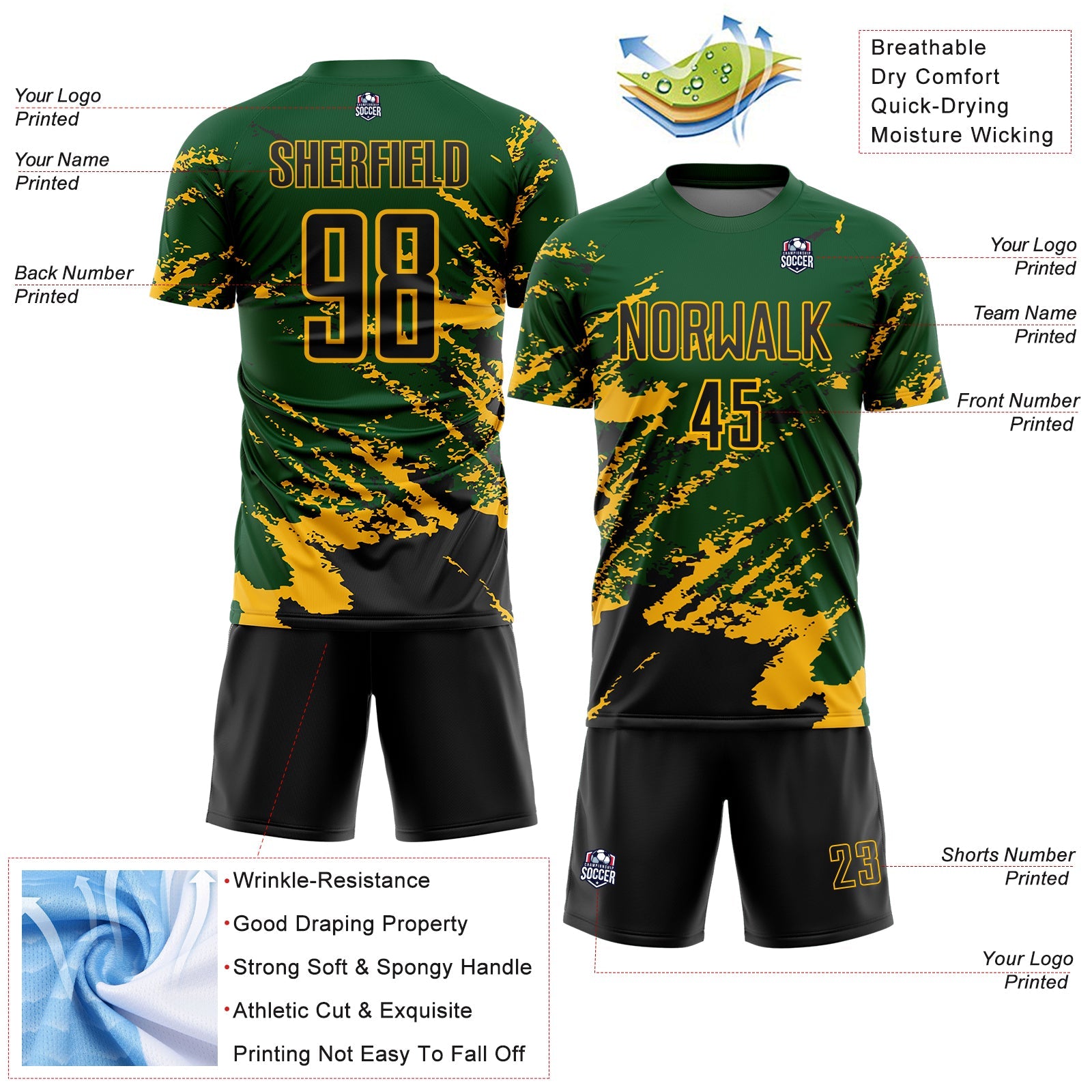 Custom Green Black-Gold Abstract Fragment Art Splash Sports Sublimation Soccer Uniform Jersey