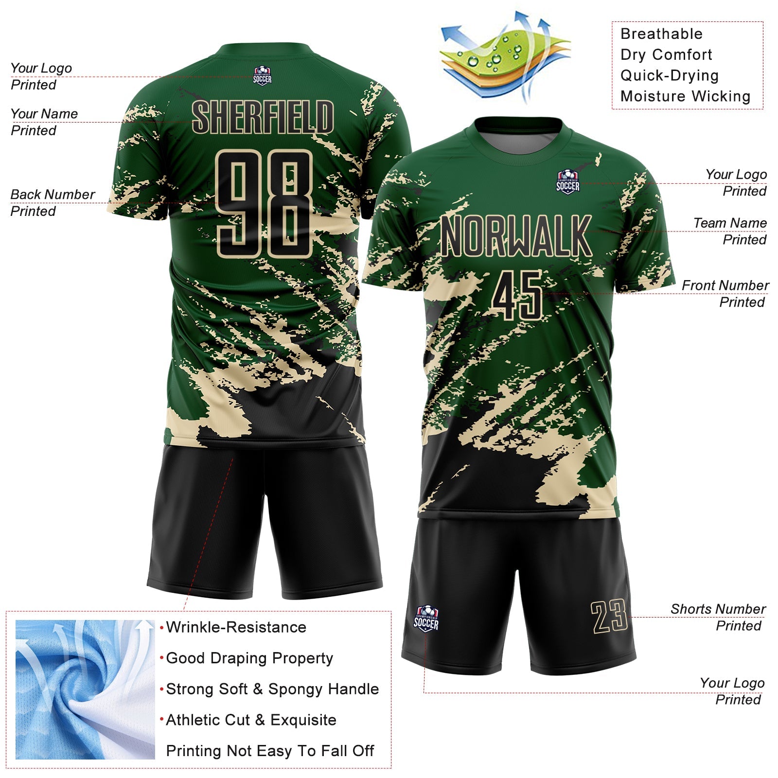 Custom Green Black-Cream Abstract Fragment Art Splash Sports Sublimation Soccer Uniform Jersey