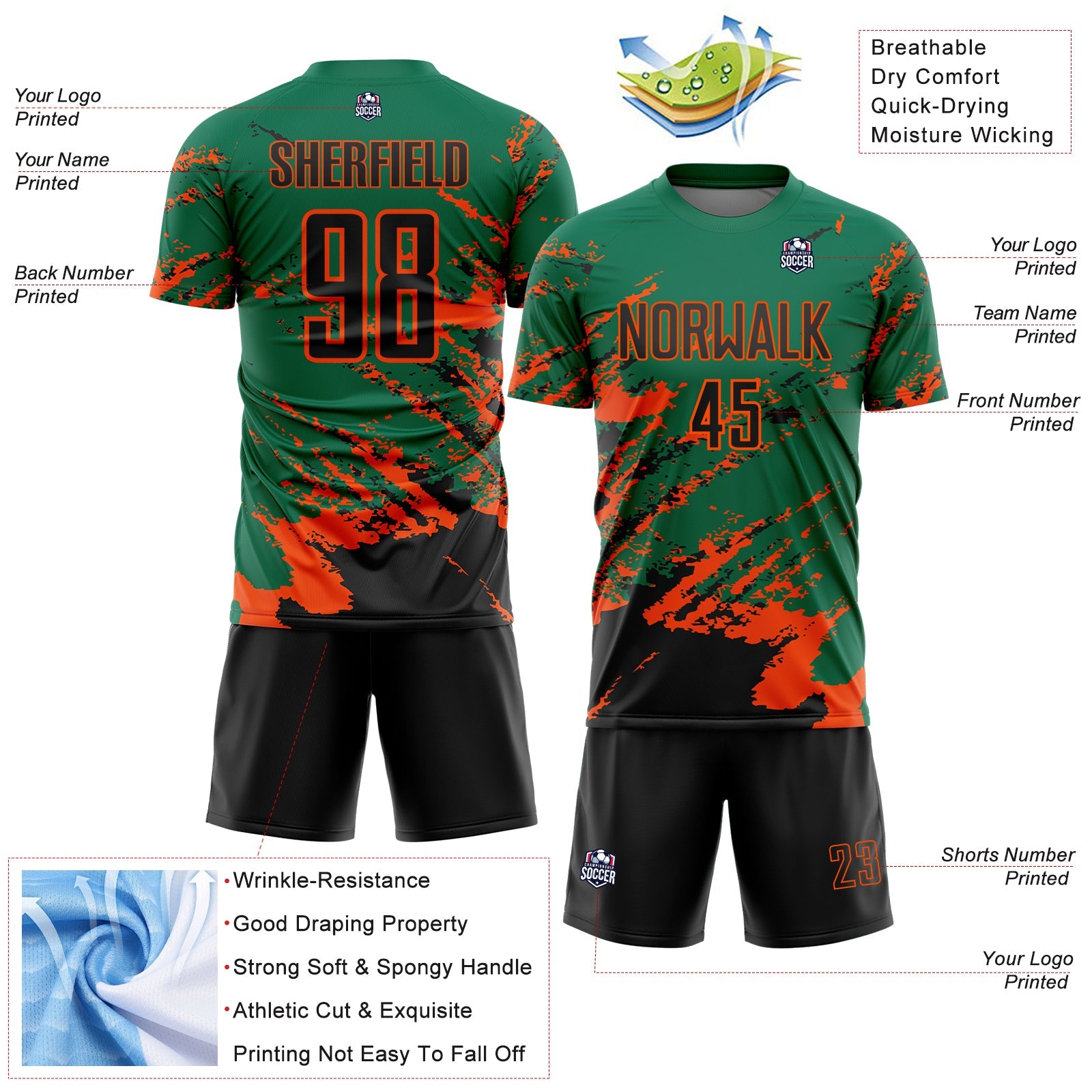 Custom Kelly Green Black-Orange Abstract Fragment Art Splash Sports Sublimation Soccer Uniform Jersey