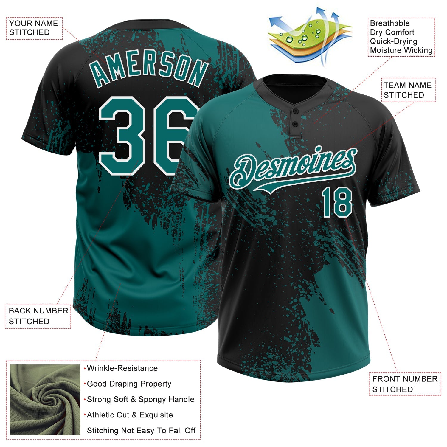 Custom Teal Black-White 3D Pattern Abstract Brush Stroke Two-Button Unisex Softball Jersey