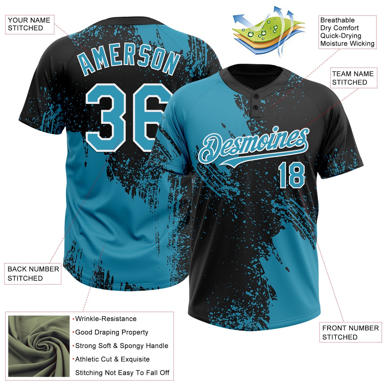 Custom Panther Blue Black-White 3D Pattern Abstract Brush Stroke Two-Button Unisex Softball Jersey