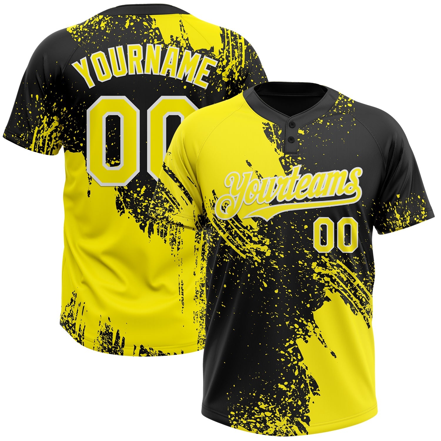 Custom Light Yellow Black-White 3D Pattern Abstract Brush Stroke Two-Button Unisex Softball Jersey