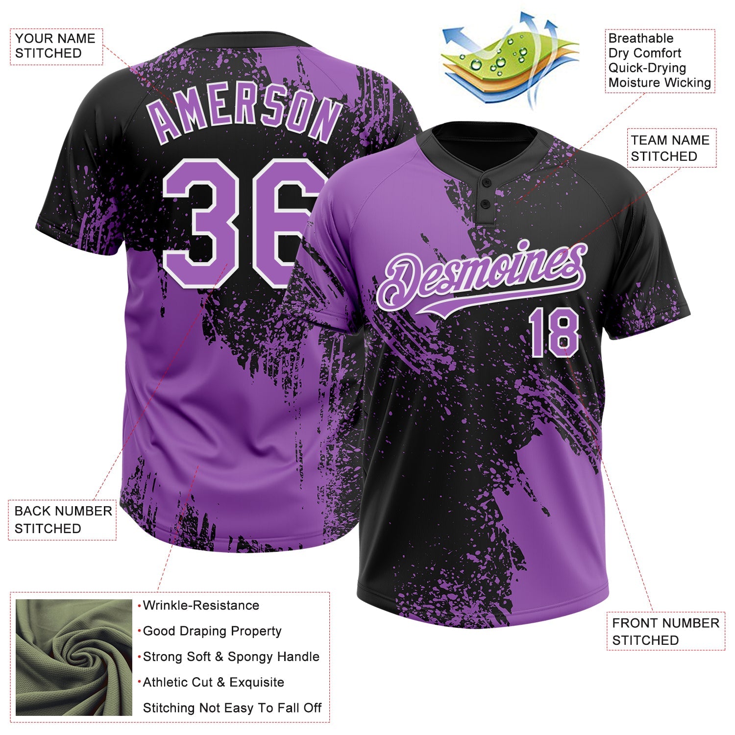 Custom Medium Purple Black-White 3D Pattern Abstract Brush Stroke Two-Button Unisex Softball Jersey