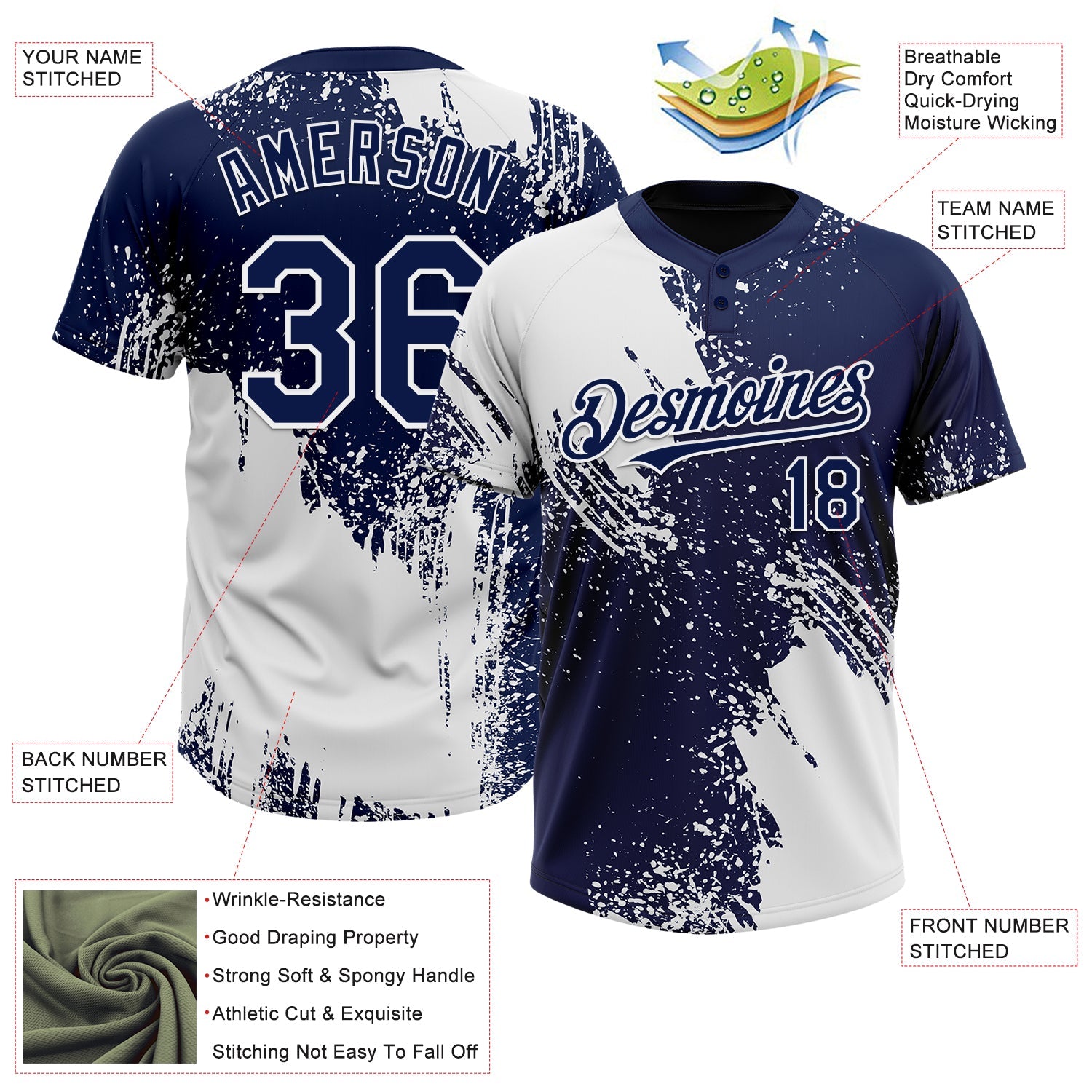Custom White Navy 3D Pattern Abstract Brush Stroke Two-Button Unisex Softball Jersey