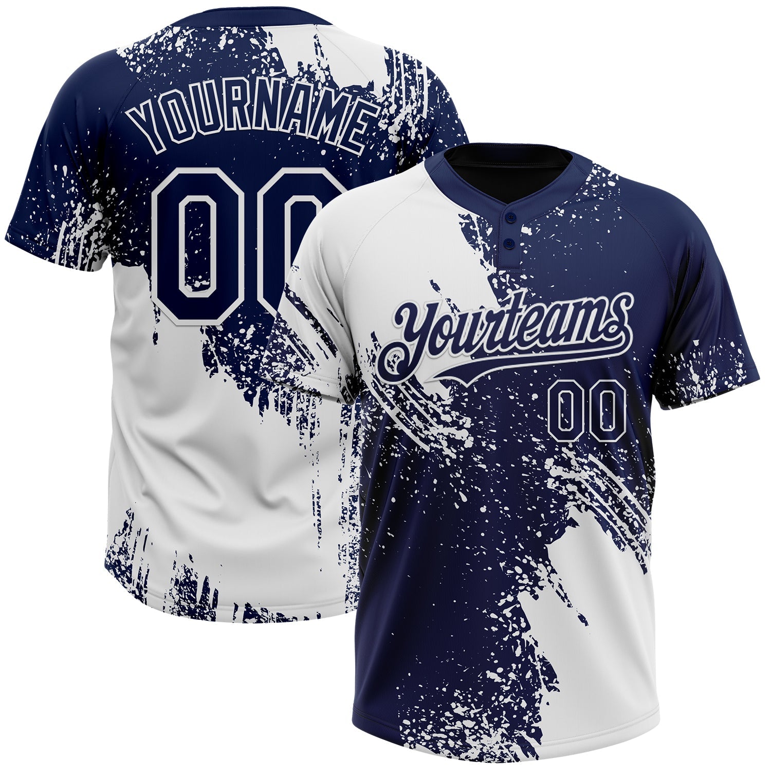 Custom White Navy 3D Pattern Abstract Brush Stroke Two-Button Unisex Softball Jersey