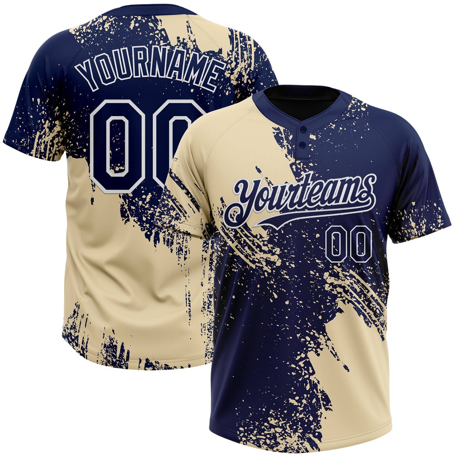 Custom Cream Navy-White 3D Pattern Abstract Brush Stroke Two-Button Unisex Softball Jersey