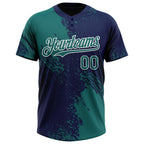 Custom Teal Navy-White 3D Pattern Abstract Brush Stroke Two-Button Unisex Softball Jersey