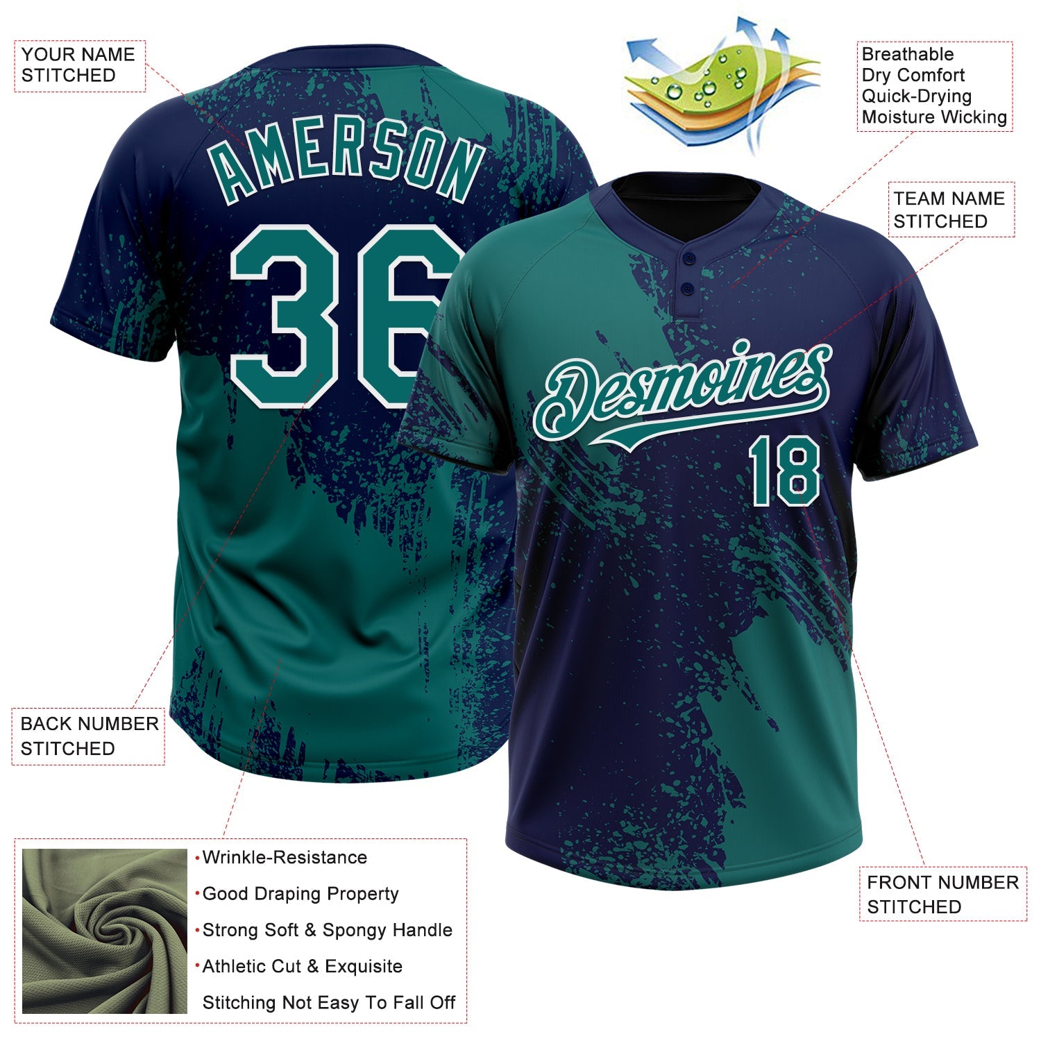 Custom Teal Navy-White 3D Pattern Abstract Brush Stroke Two-Button Unisex Softball Jersey
