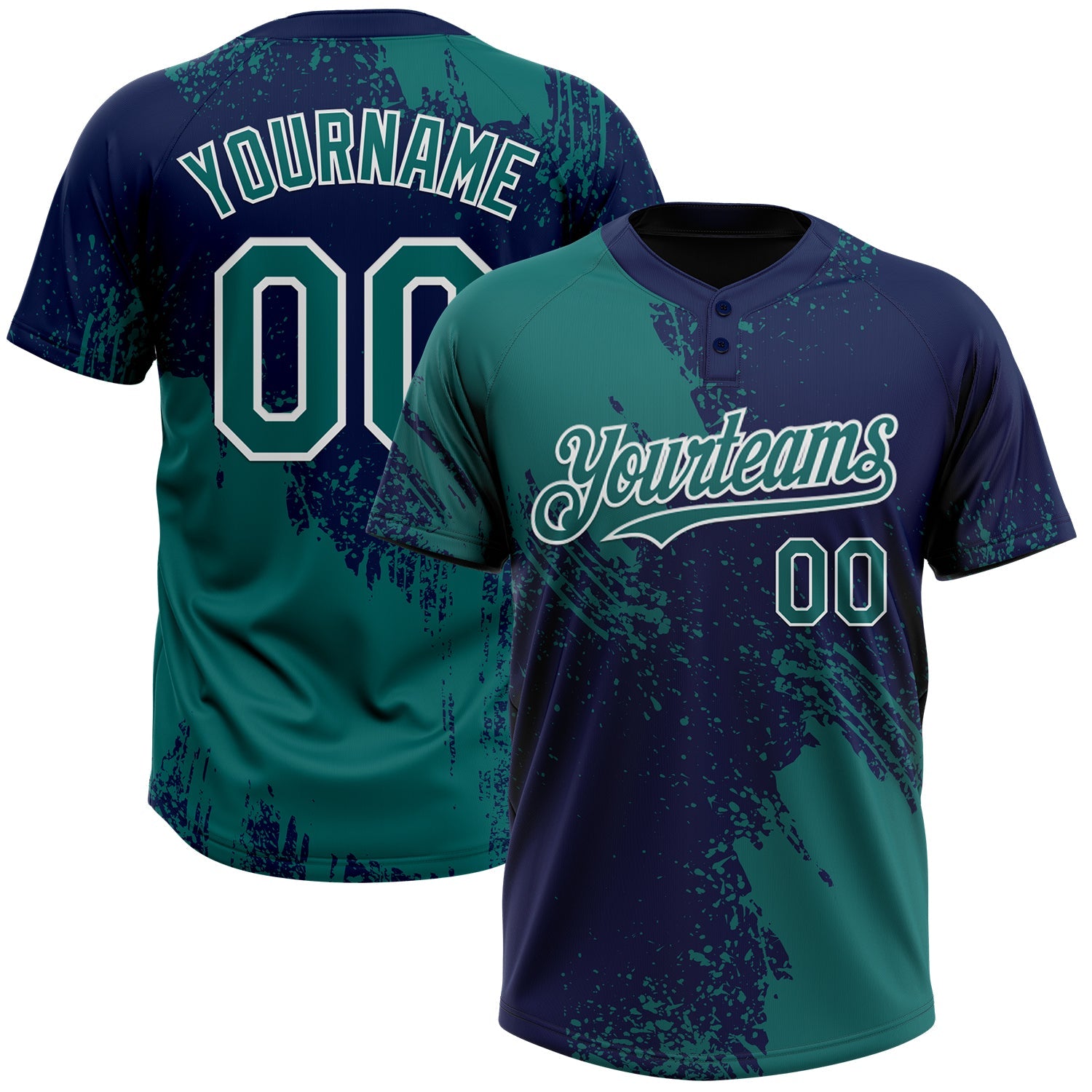 Custom Teal Navy-White 3D Pattern Abstract Brush Stroke Two-Button Unisex Softball Jersey